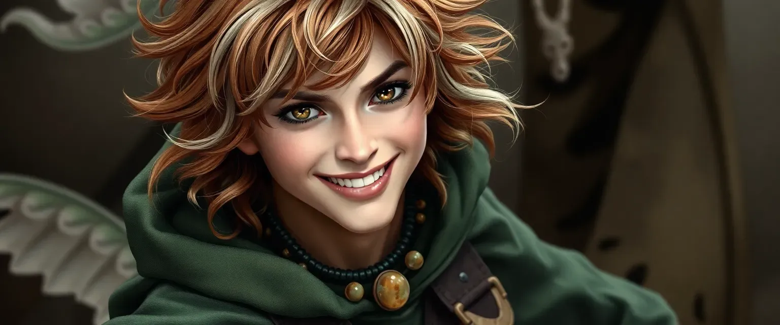 Lanky 20-year-old with wild chestnut curls streaked silver, hazel eyes, mischievous grin, wearing faded green cloak, patched breeches, scuffed boots, and agate necklace.