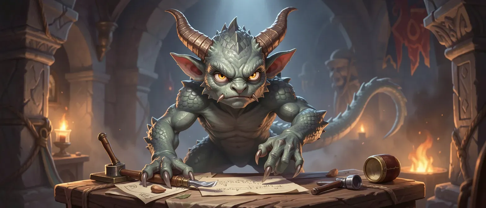 A small gray-green horned imp with calculating human eyes, scaly hide, and claws he obsessively polishes while plotting.
