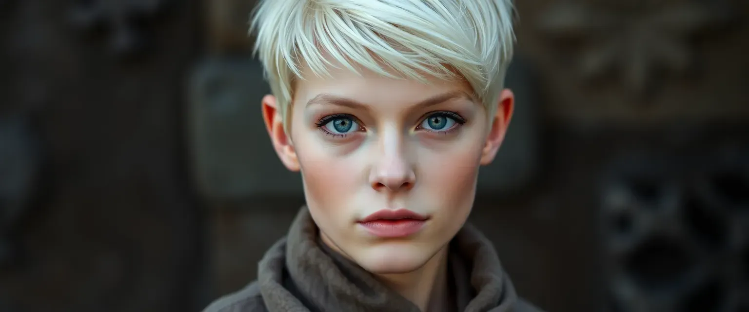 18-year-old Clara with platinum blond pixie cut, sharp angular face, slender, unblemished skin, sea-blue eyes with sienna hints, in muted attire.