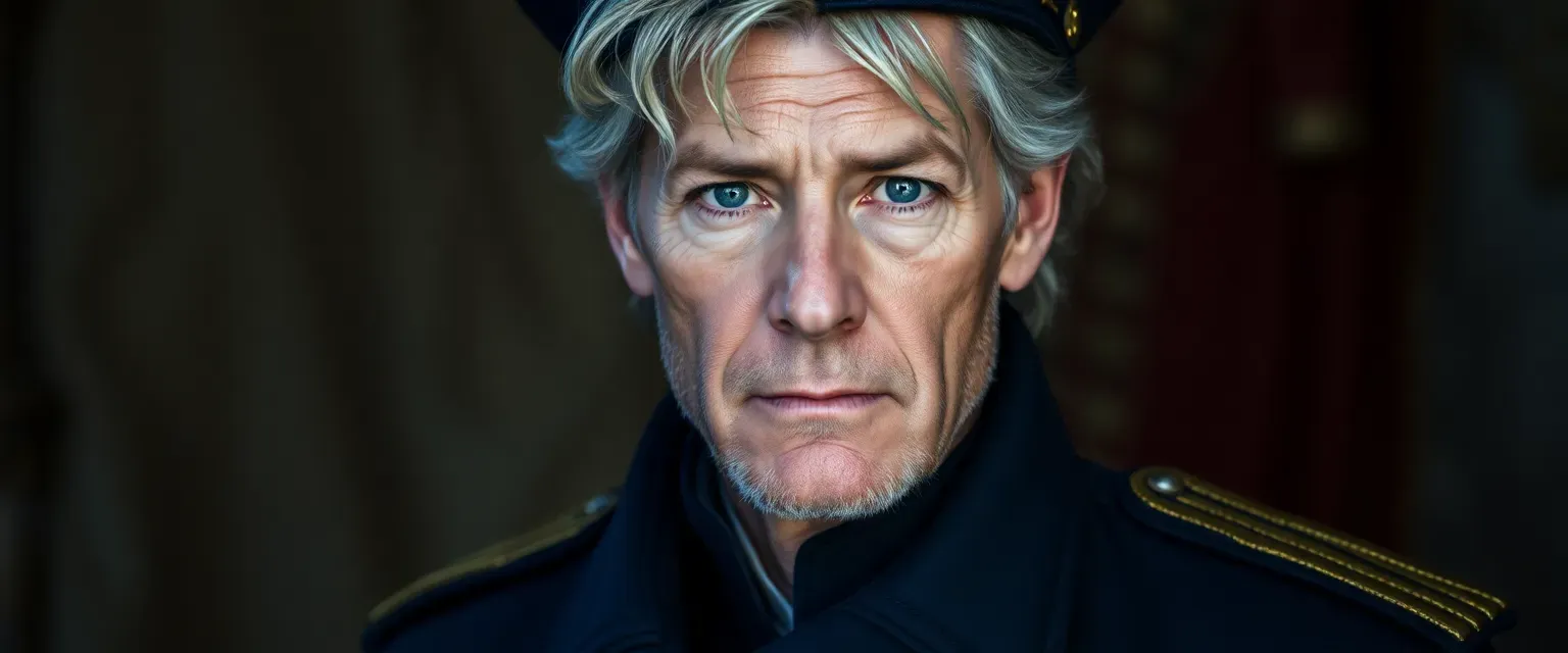A weathered, fifty-two-year-old naval captain with gray-streaked hair and piercing blue eyes, wearing a dark blue uniform with medals and a saber.