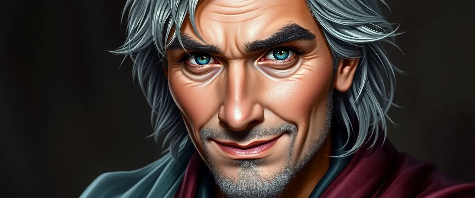A middle-aged man with silver-streaked hair, dressed in fine silk, sharp eyes, and a charming smile.