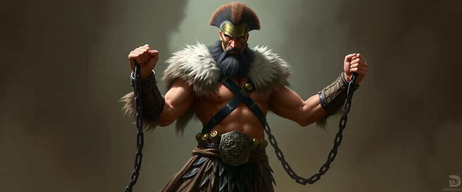 Tall gladiator with wide shoulders, minimal armor, adorned with animal furs, wielding long chains.