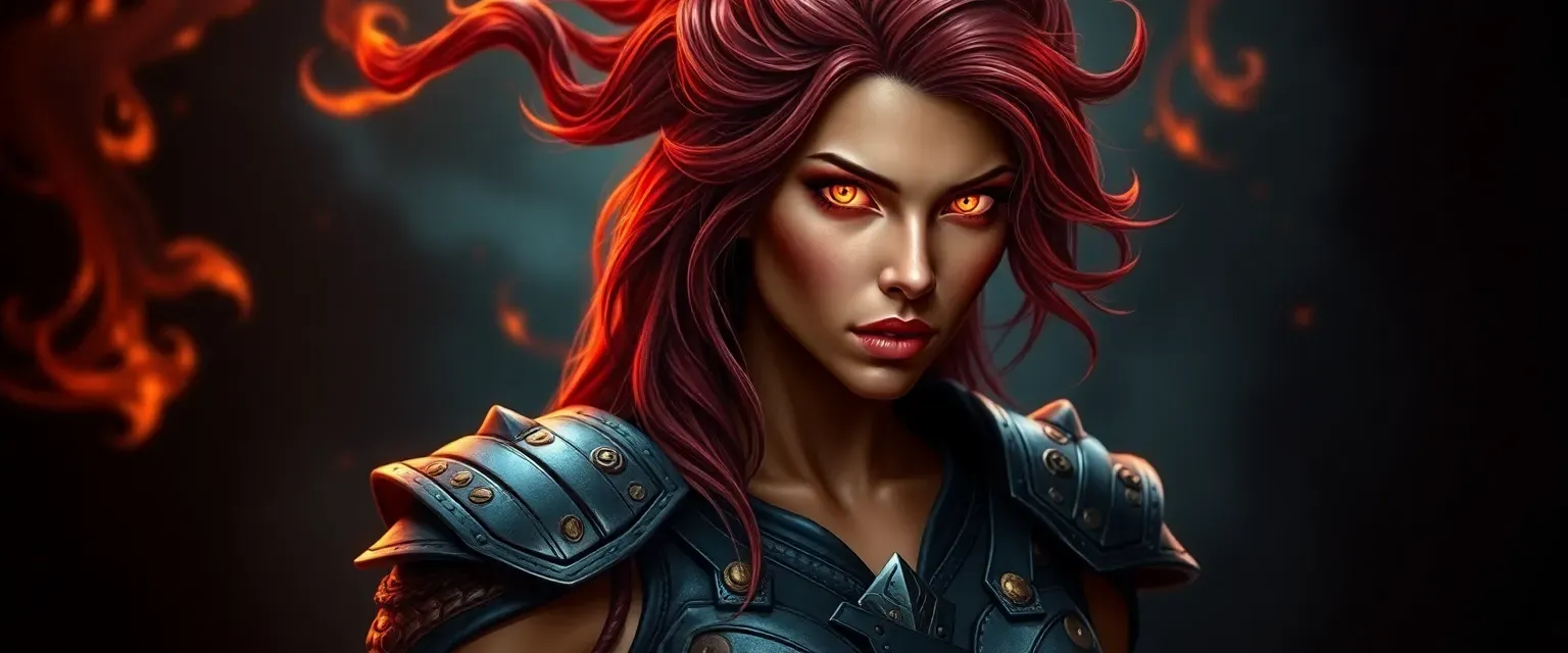 Fire genasi woman with fiery red hair, orange glowing eyes, bronze skin, muscular build, wearing enchanted leather armor.