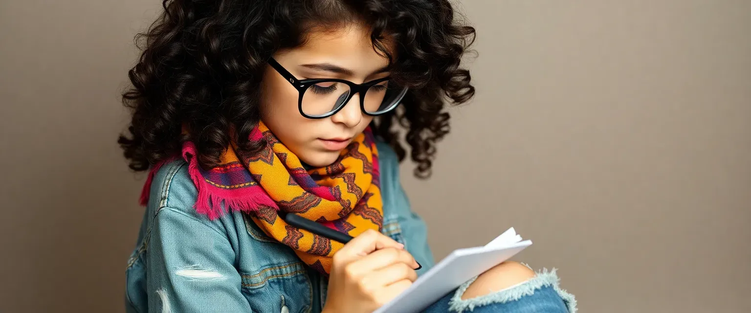 15-year-old girl with curly dark hair, glasses, colorful scarf, and distressed jeans, often doodling intricate patterns.