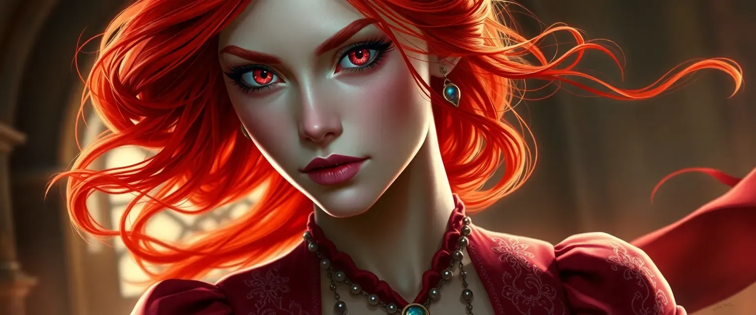 Young Dhampir noblewoman with flowing red hair and piercing ruby eyes, dressed in elegant, embroidered silk.