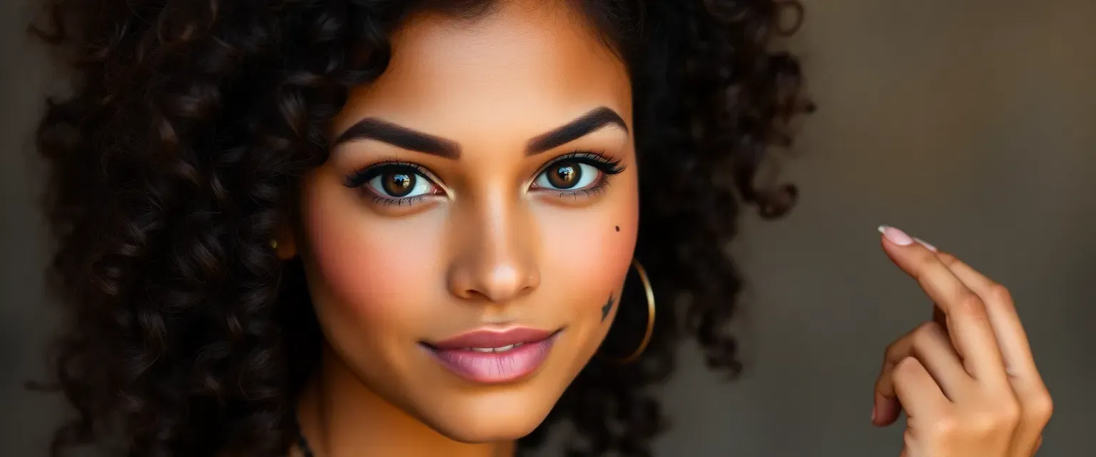 24-year-old woman with curly black hair to chest, mixed race, small brown birthmark on forehead, brown almond-shaped eyes, button nose, black beauty mark on cheek, 5ft 4, fire powers, tattoo on hand.
