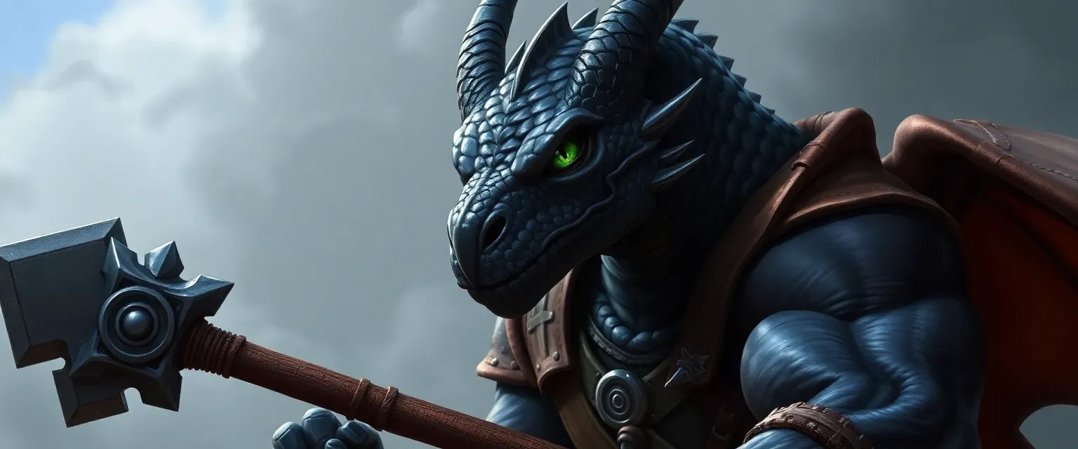 Black Male Dragonborn, muscular, ebony scales, green eyes, scar on snout, leather armor, warhammer.