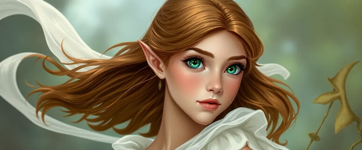 Young half-elf princess, brown hair, emerald eyes, wearing a flowing white dress, ethereal and graceful.