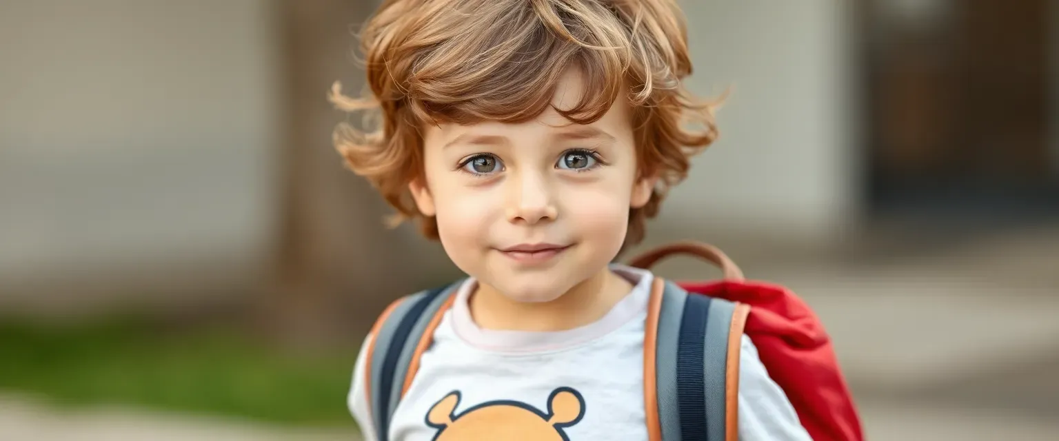 A 7-year-old boy with unruly chestnut hair, bright eyes, wearing jeans and a cartoon t-shirt, carrying a backpack.