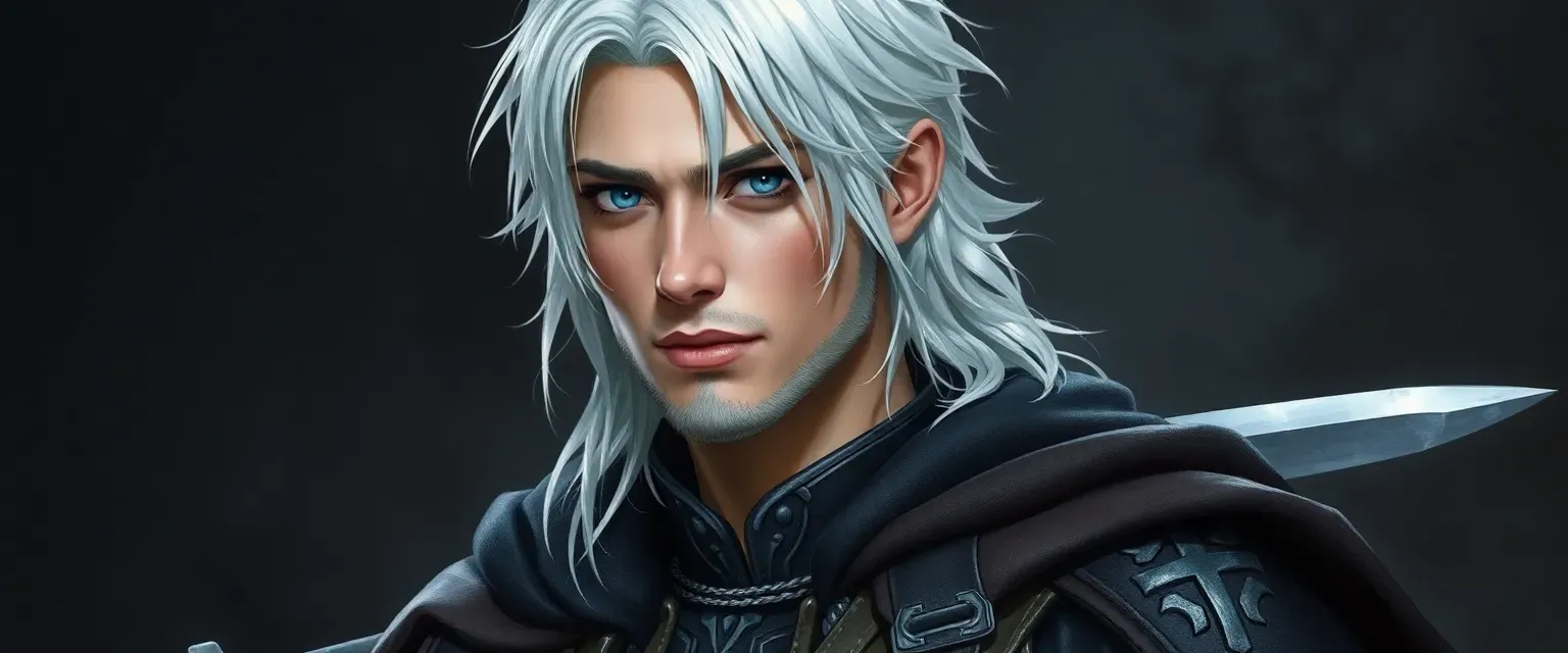 Silver-haired Aasimar male, silver eyes, mid-20s, wearing a leather tunic and cloak, carrying a sword.
