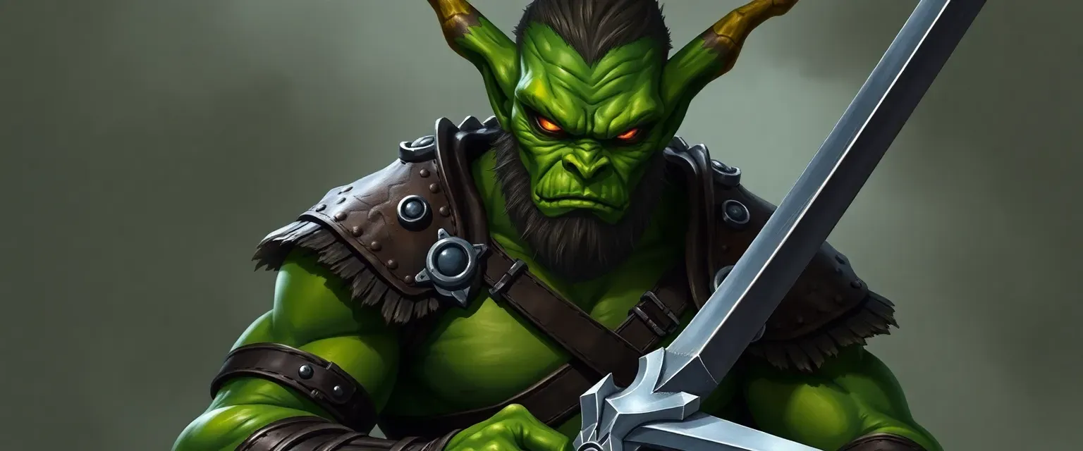 Green-skinned Grung male, muscular, wearing leather armor, with amber eyes and a longsword.