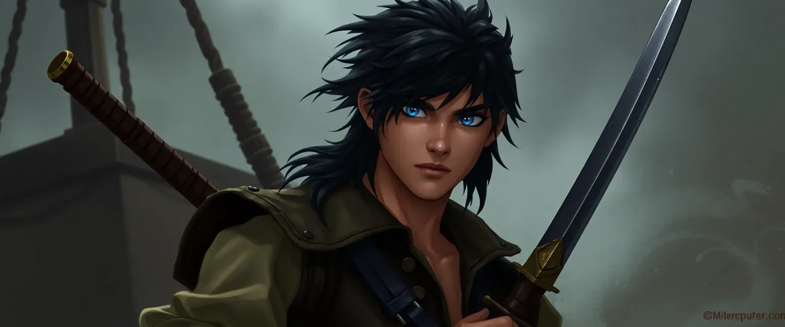 Young pirate with black hair, blue eyes, lean build, wearing a leather vest and carrying a cutlass.