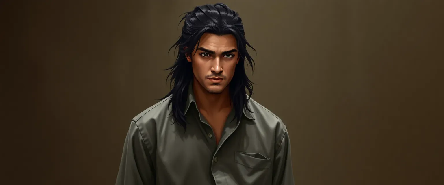 28-year-old submissive man with long dark hair in a ponytail, wearing a simple shirt and trousers.