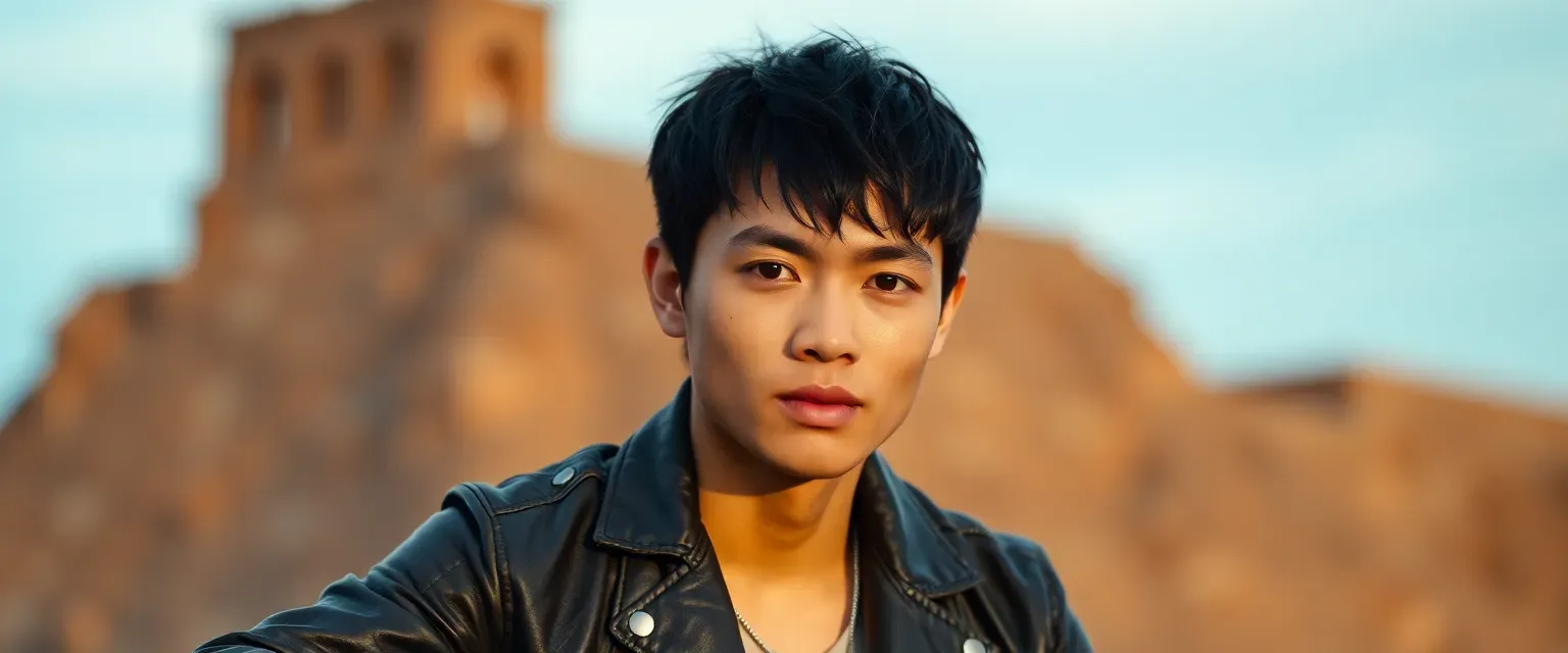 Tall, athletic Asian-American man in his early 20s, wearing leather motorcycle jacket, ripped jeans, and combat boots. Short black hair, striking dark eyes, and distinctive pouty lips.