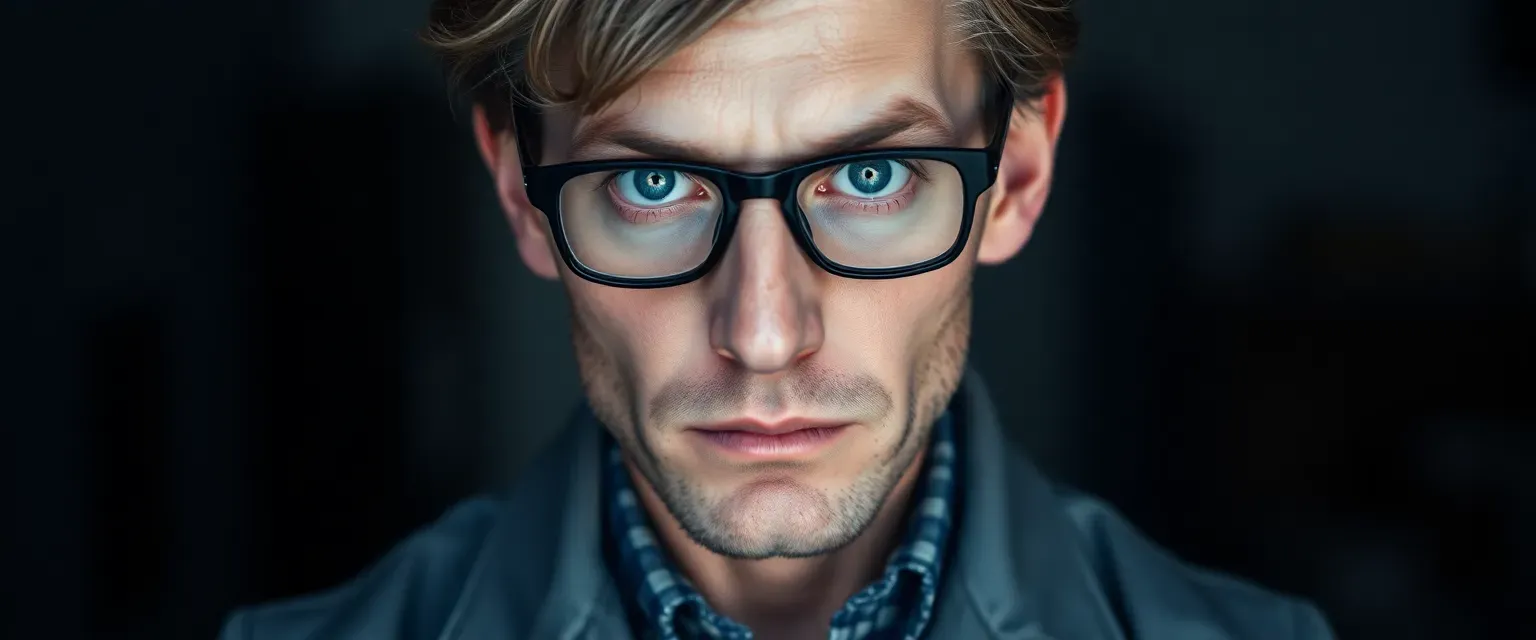 Mid-thirties man with ashen hair, pale skin, haunted blue eyes, wearing a stained grey lab coat, black-rimmed glasses.