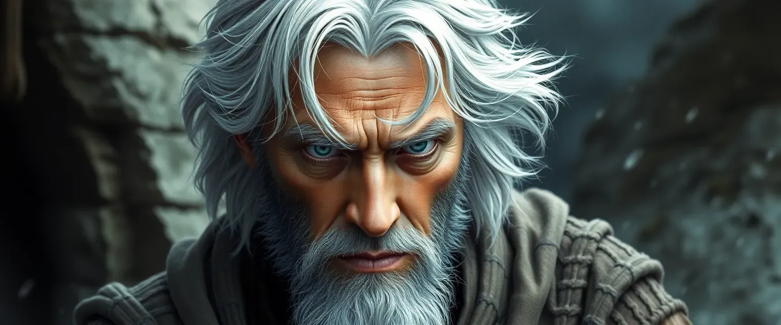 A man in his fifties with silver hair and gray eyes, wearing tattered religious robes.