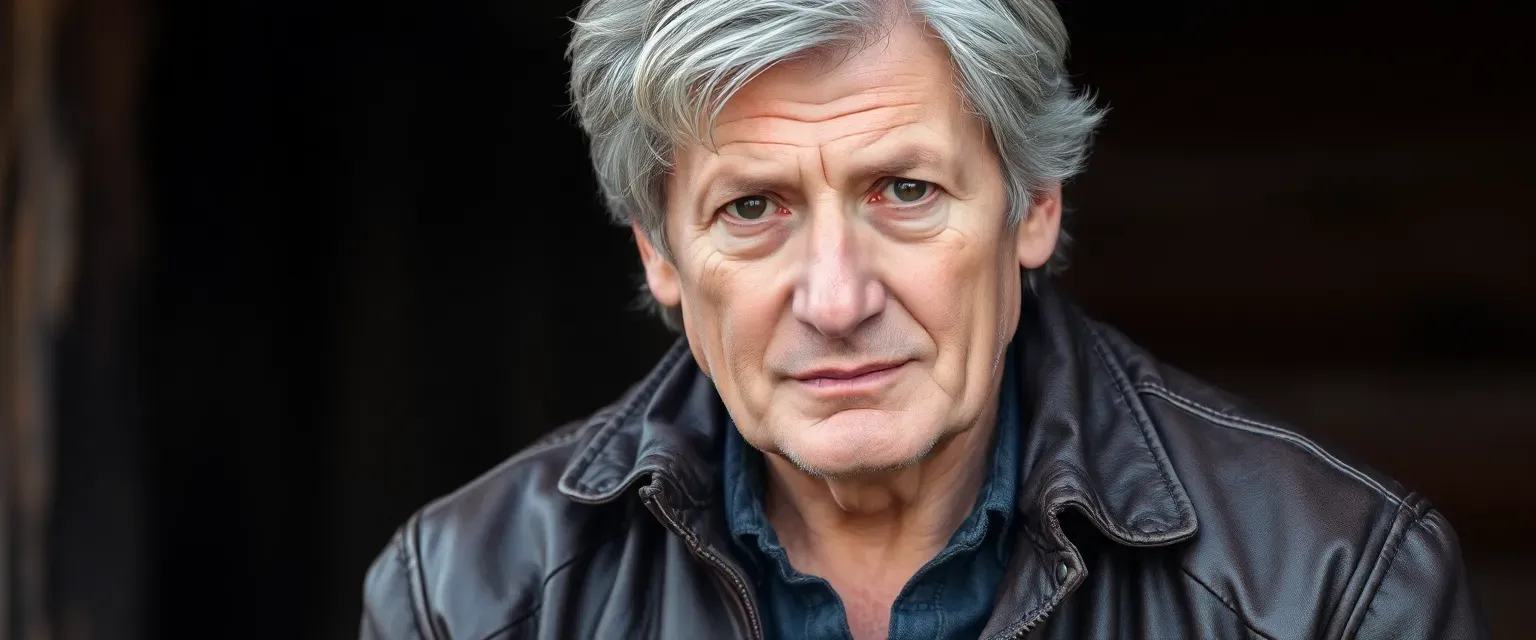 A sturdy man in his 60s with gray-streaked hair, wearing a worn leather jacket and boots, his deep brown eyes reflecting life's struggles.