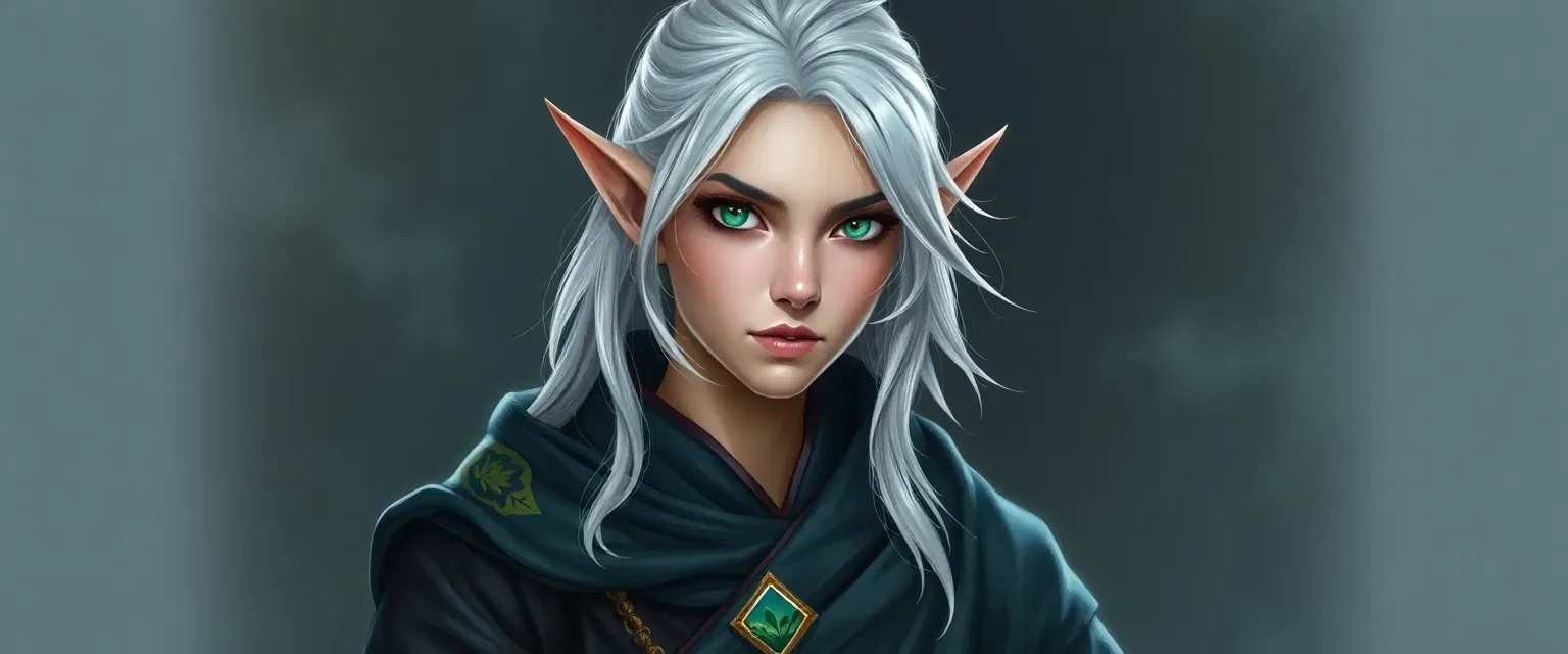 Silver-haired half-elf with emerald eyes, wearing mystic robes blending monk and nature symbols.