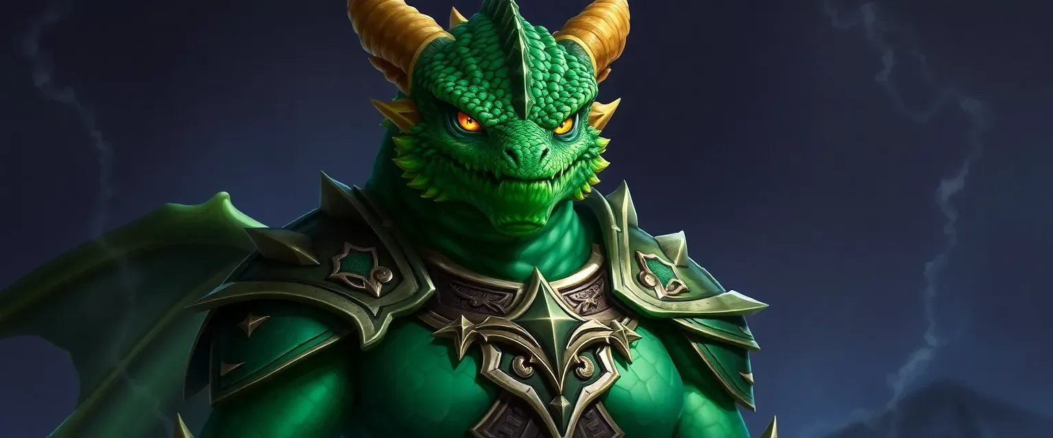 Emerald-scaled dragonborn paladin, towering and muscular, wearing Kord's storm-marked plate mail, with piercing gold eyes.
