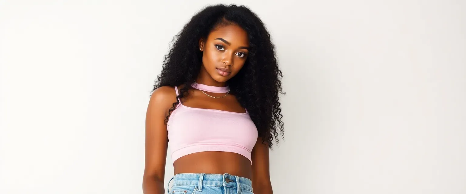 Young African-American pop star, 21, with long curly black hair, chocolate-brown skin, and big brown eyes. Wears pastel pink crop top, high-waisted jeans, and platform sneakers.