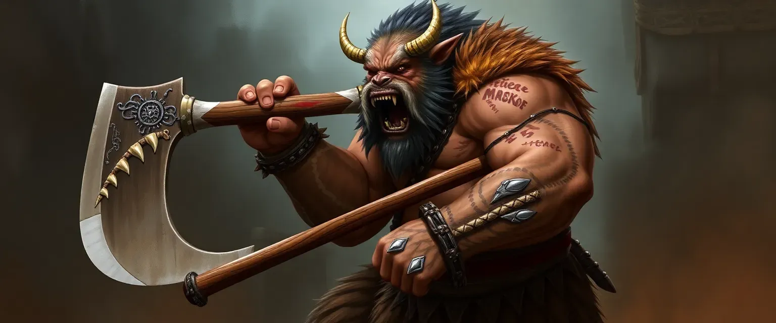 7'4" tall Bugbear barbarian, muscular with scars, wielding a bone-decorated Greataxe, wearing tribal furs.