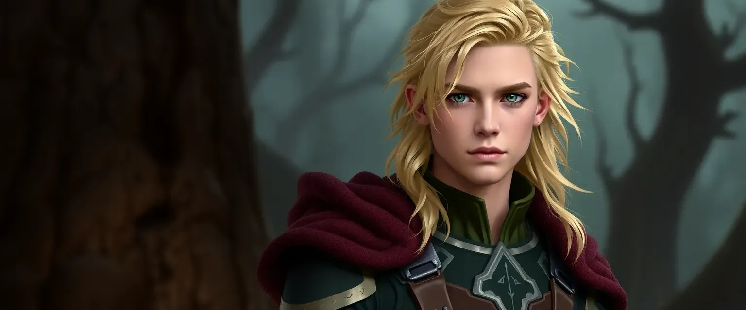 18-year-old Atlas Baker, 5'7", ashe blonde hair, emerald green eyes, contemplative expression.