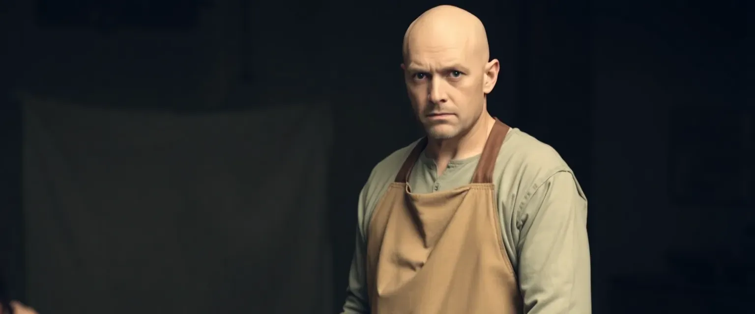 A bald, sweaty man in his thirties, wearing a simple apron over a plain tunic, looking anxious and out of place.
