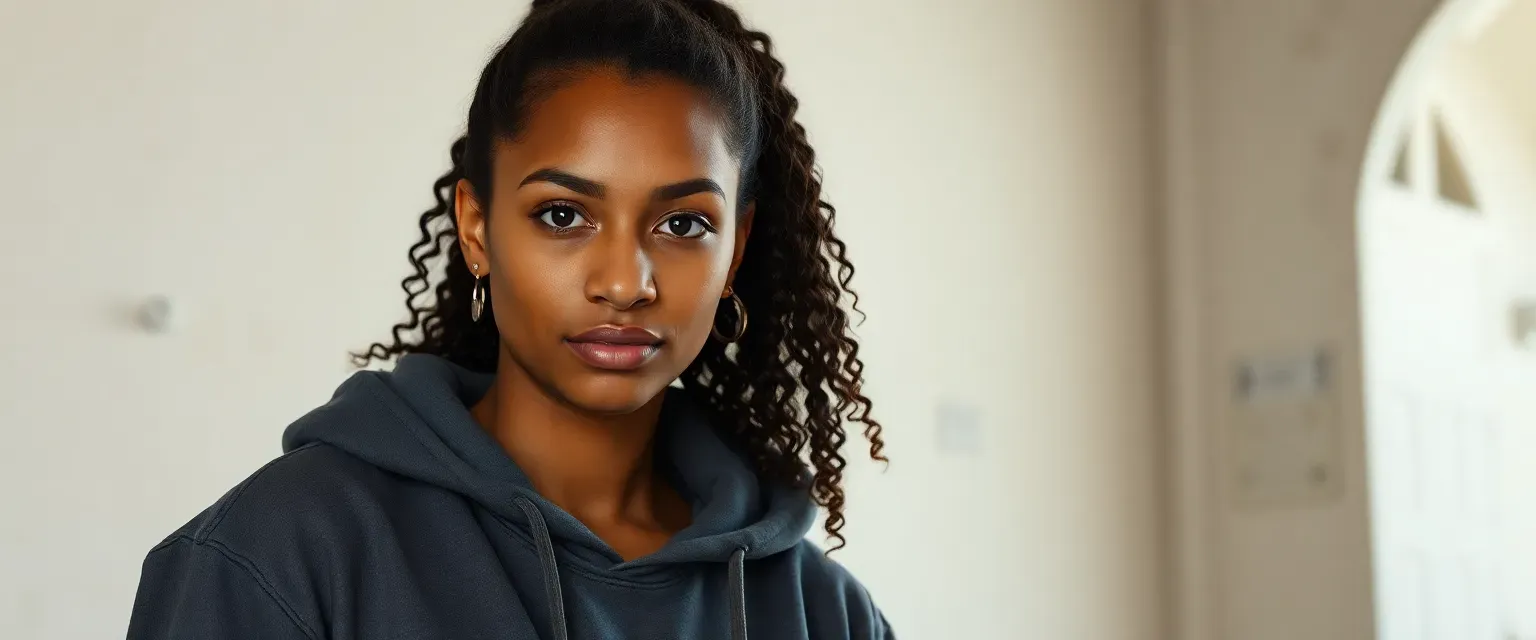 Late 20s woman with caramel skin, curly hair in ponytail, strong jaw, wearing jeans, sneakers, and a hoodie.