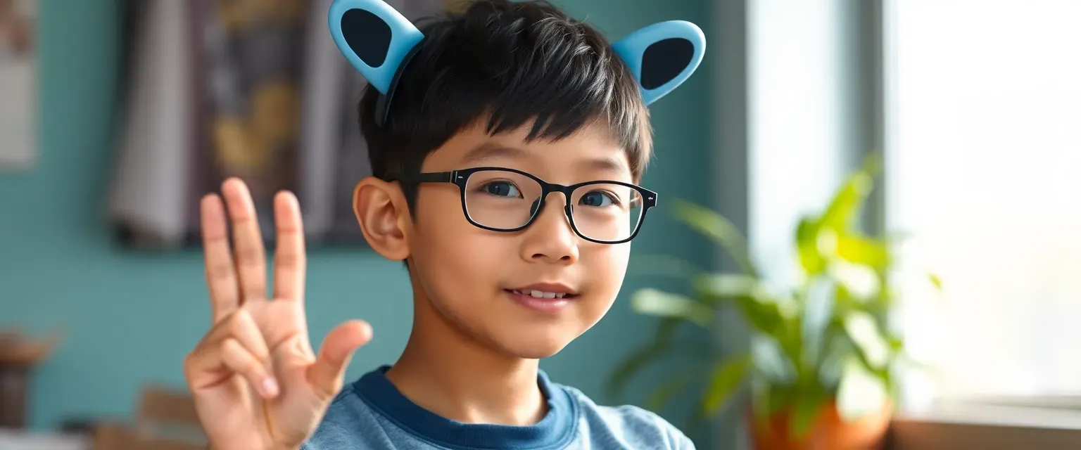 Eleven-year-old JingJing is Chinese-Sudanese with glasses and an Aquapets logo shirt. He's born voiceless but uses sign language gracefully. Wears Puku ears headband translating thoughts into speech.