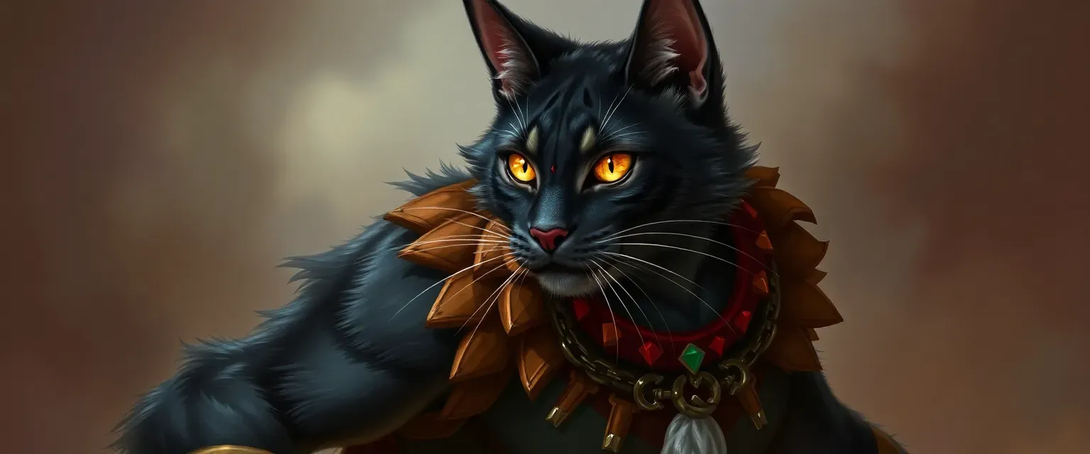 Dark-furred Tabaxi with star-like eyes, wearing colorful circus attire, muscular and battle-scarred.