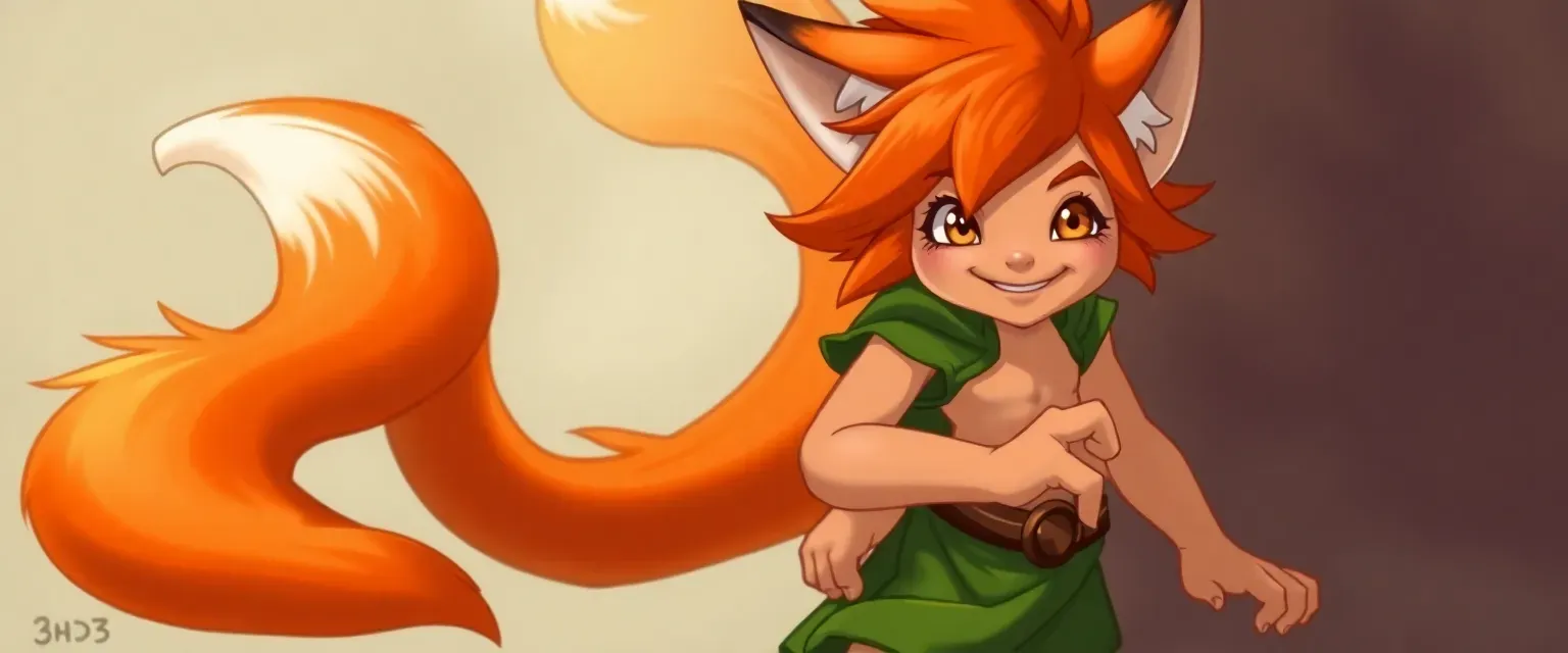 Young fox boy with nine tails, orange hair, green tunic, and playful grin, tapping his bare feet.