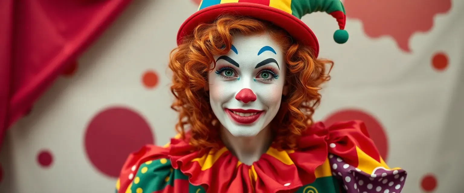 Mid-thirties female clown with curly red hair, colorful patchwork costume, and a whimsical hat.