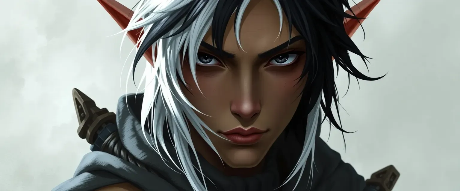 Ashen-skinned half-elf with white and black hair, black eyes, wearing monk robes and druid accessories.
