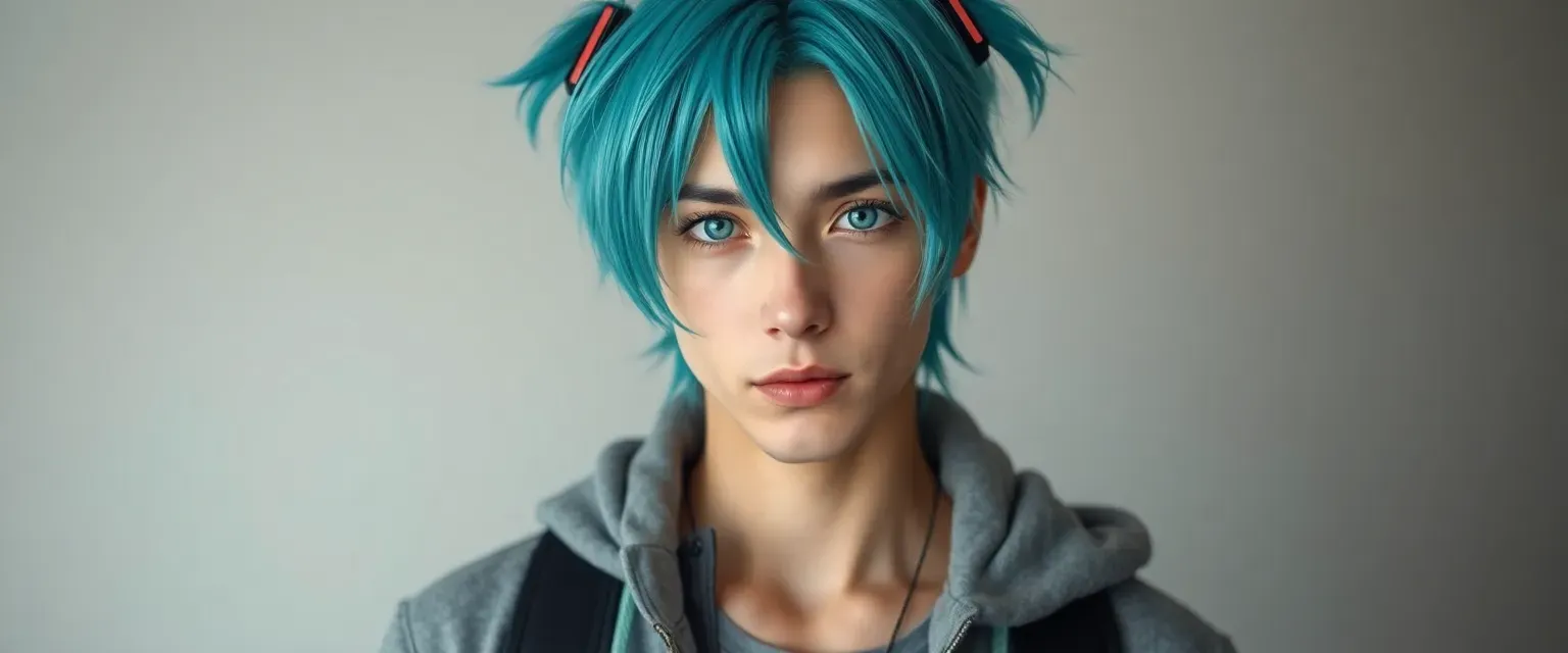 Late 20s man with teal hair, calm eyes, stylish casual wear, resembling Hatsune Miku.