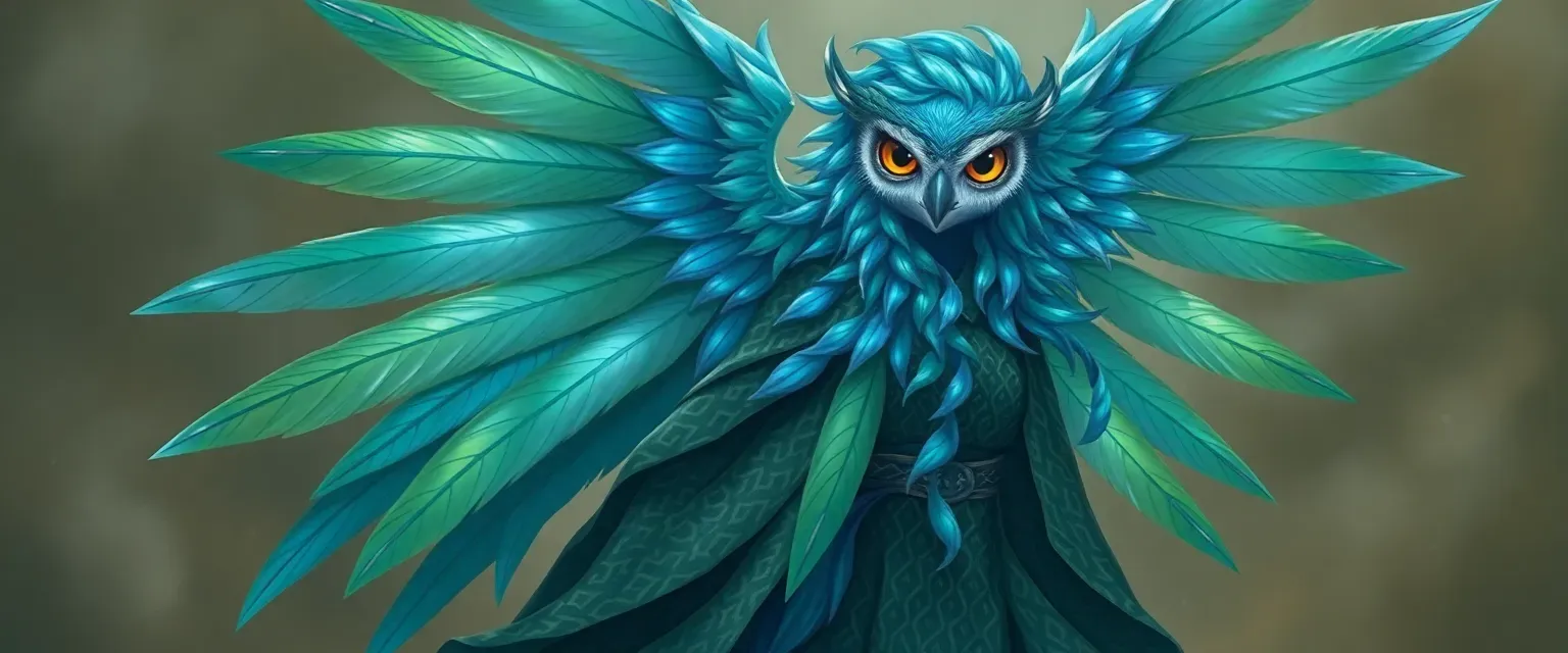 A water owl girl with cascading blue and green feathers, wearing a flowing, patterned robe.