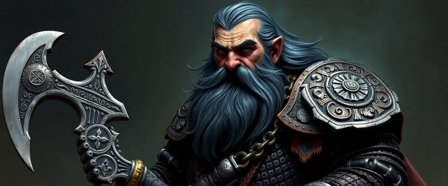 A stout dwarf cleric with silver-streaked dark beard, wearing ornate chainmail, armed with a rune-engraved warhammer and axes.