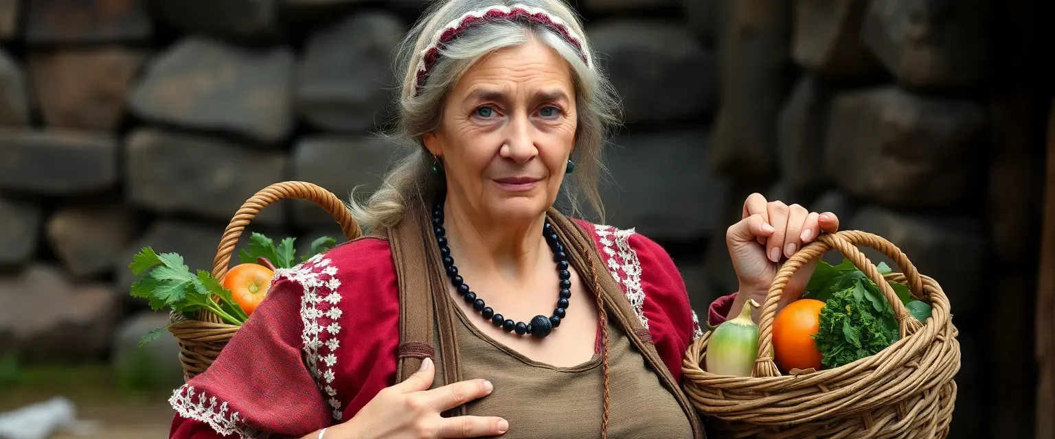 A robust Slavic woman in her late forties, with rosy cheeks and practical attire, carrying baskets of vegetables.