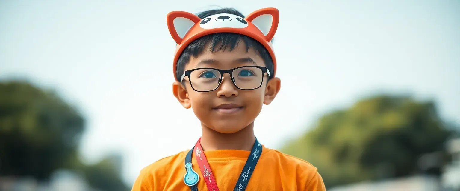 An 11-year-old Chinese-Sudanese boy with glasses and an Aquapets Puku ears headband that translates thoughts into speech. Wears a lanyard with a 'coughing straw' decorated with Aquapets decals.