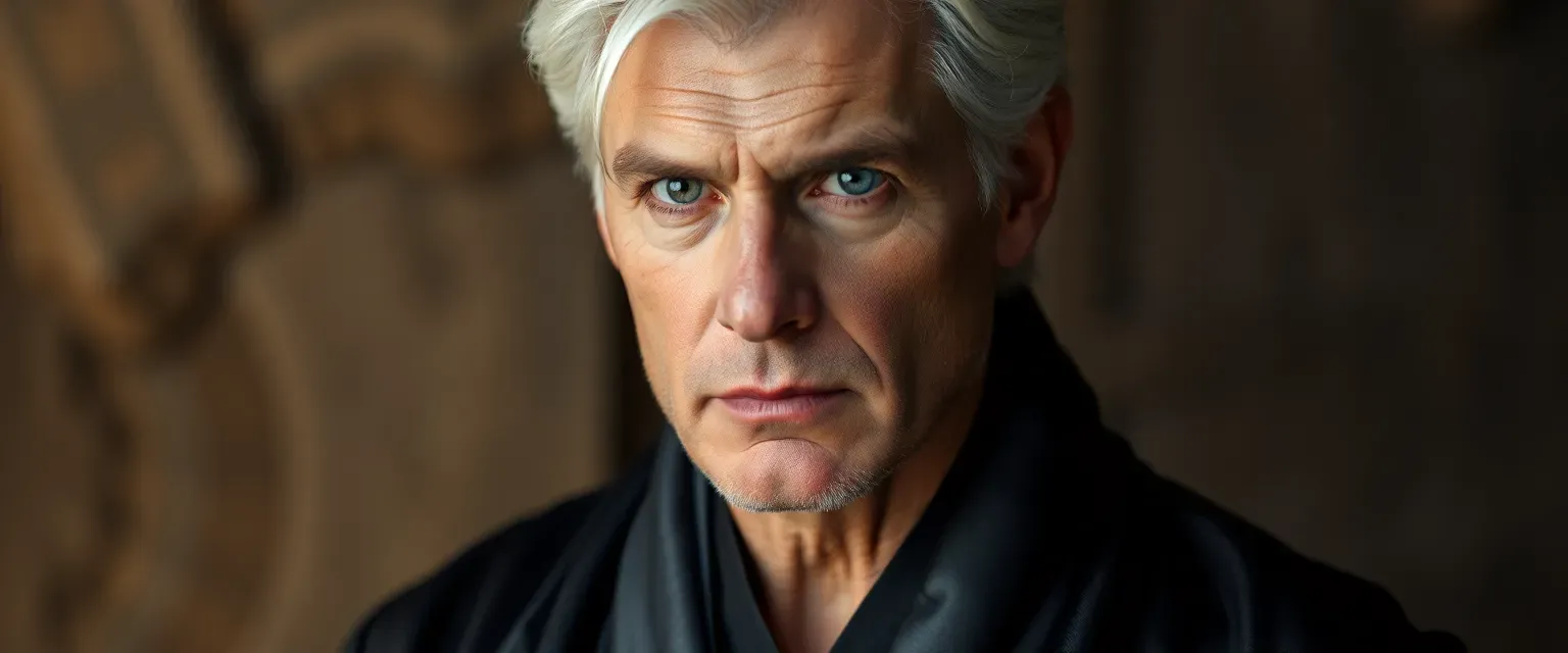 Silver-haired man, 53, with sharp features and gray eyes, wearing dark silk robes.