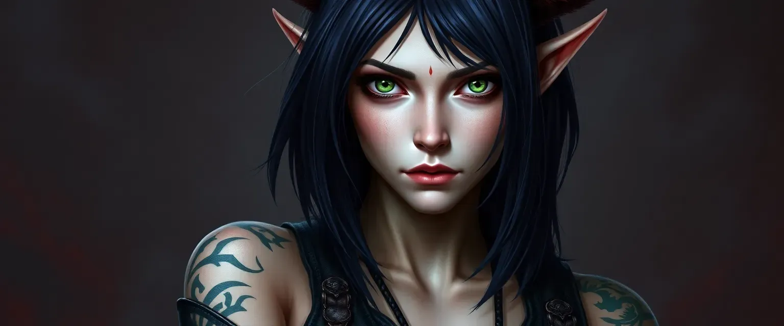 Half-elf, half-demon woman with piercing green eyes, pale skin, black-violet waist-length hair, burn scars on left side, tattoos on right side, dressed in dark leathers.