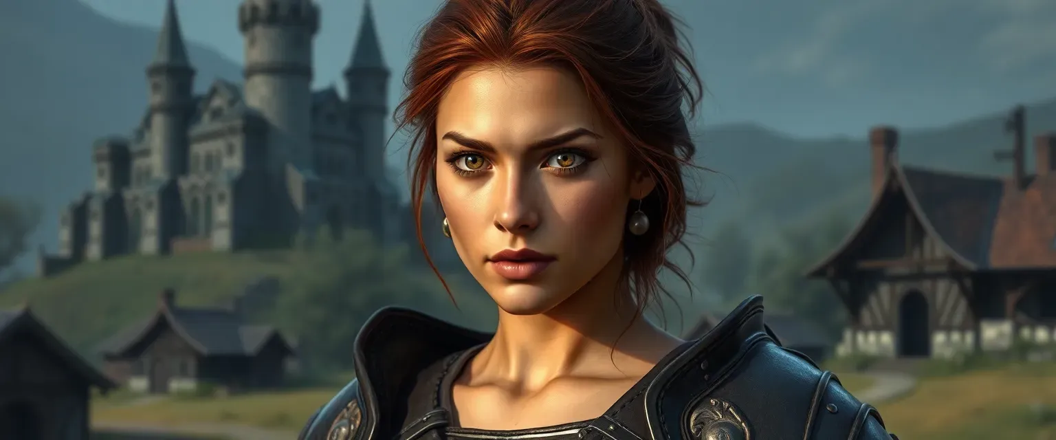 Young woman with dark skin, red hair, brown eyes, wearing half plate armor, in a small village shadowed by a castle.