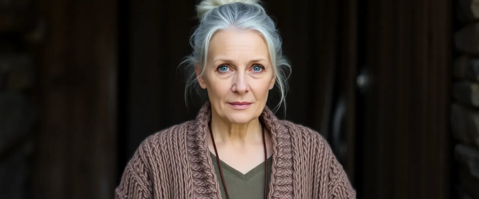 Elderly woman with silver hair in a bun, blue eyes, wearing a hand-knitted cardigan and long skirt.