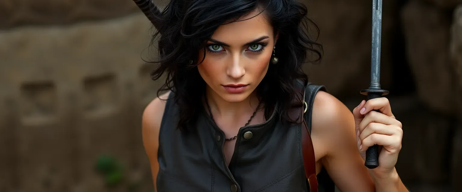Mid-thirties woman with wild dark curls, piercing green eyes, tanned skin, wearing a leather vest, loose trousers, and carrying two swords.
