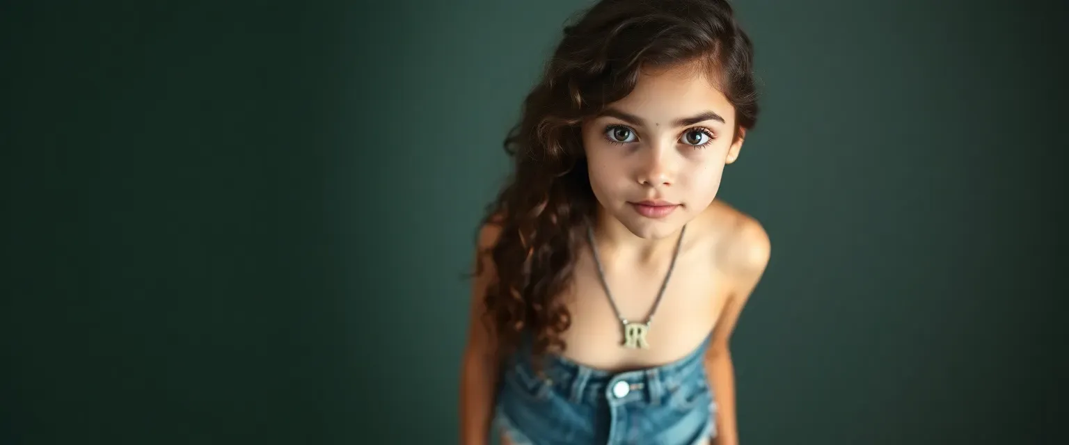 17-year-old girl with dark chocolate curls, central heterochromia eyes, freckles, wearing denim shorts, crop top, white sneakers, and 'R' necklace.