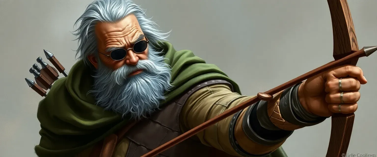 A tall, broad-shouldered man in his fifties with silver-streaked hair and a weathered face, wearing a patched leather tunic and a faded green cloak, blind yet skilled with a bow.