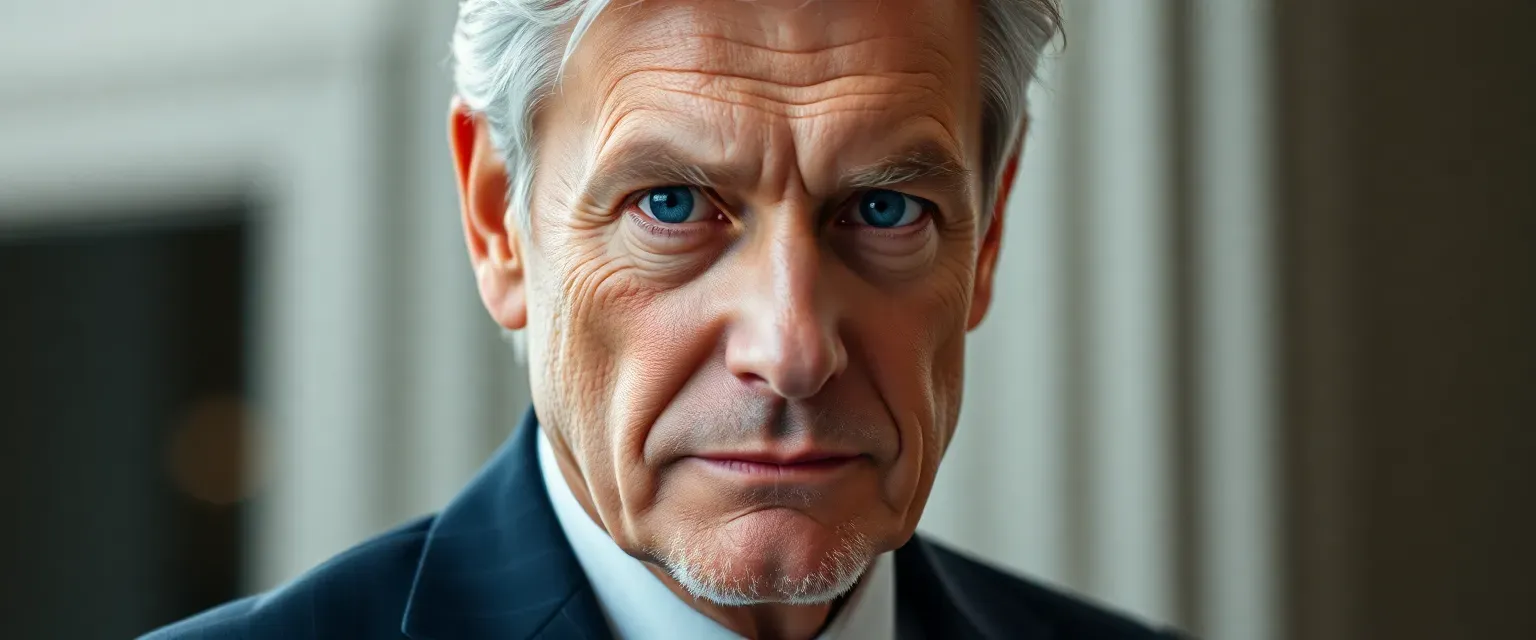 65-year-old man with silver hair and piercing blue eyes, wearing a tailored suit, exuding authority and wealth.