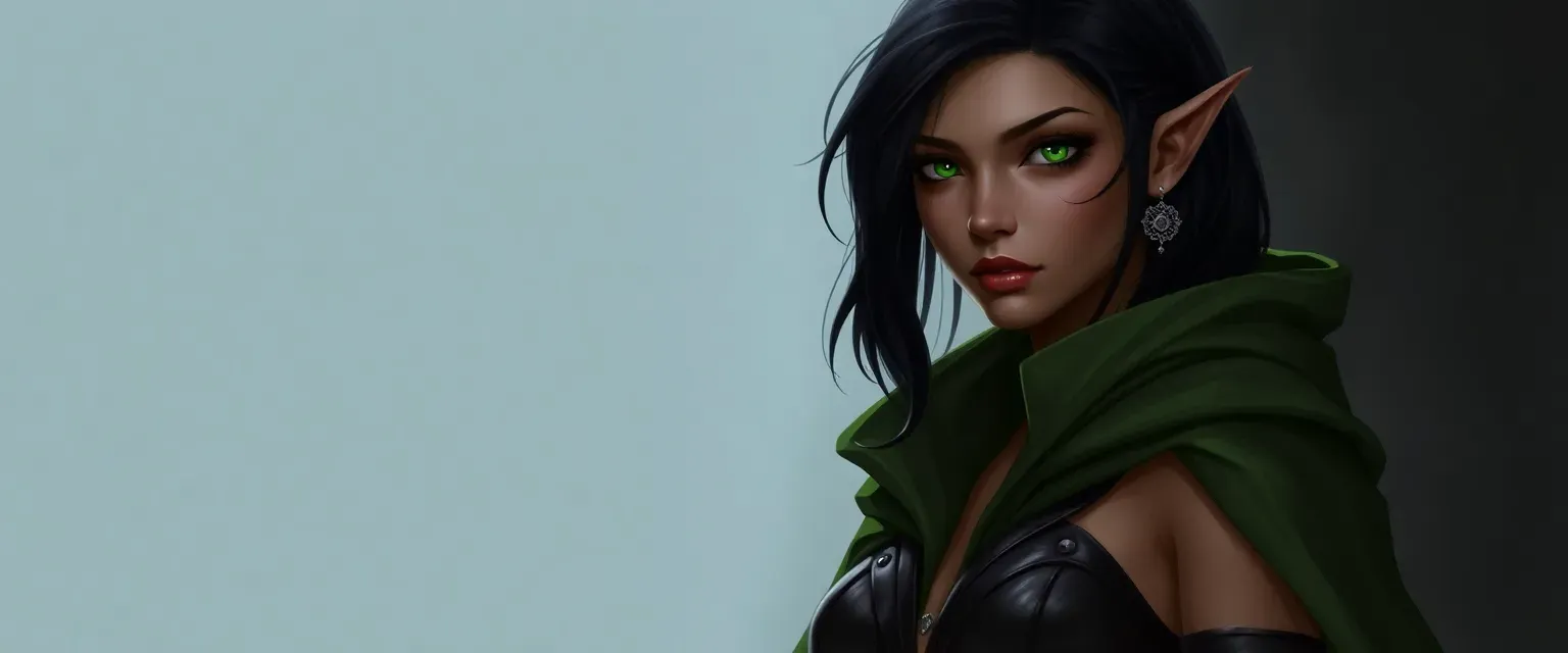 Tall, lithe dhampir woman with dark hair and green eyes, wearing a green cloak and dark leather boots.