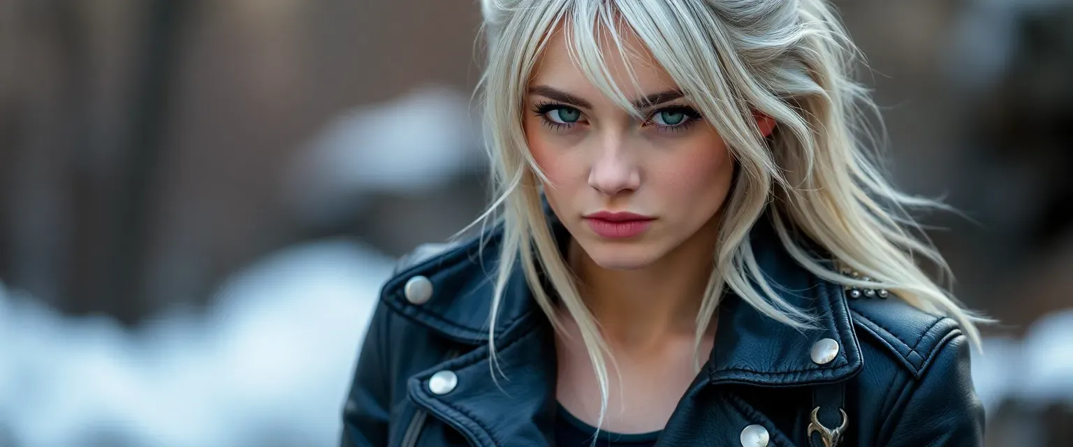 Silver-haired woman in her mid-twenties, green eyes, wearing a leather jacket with mythical creature patches.