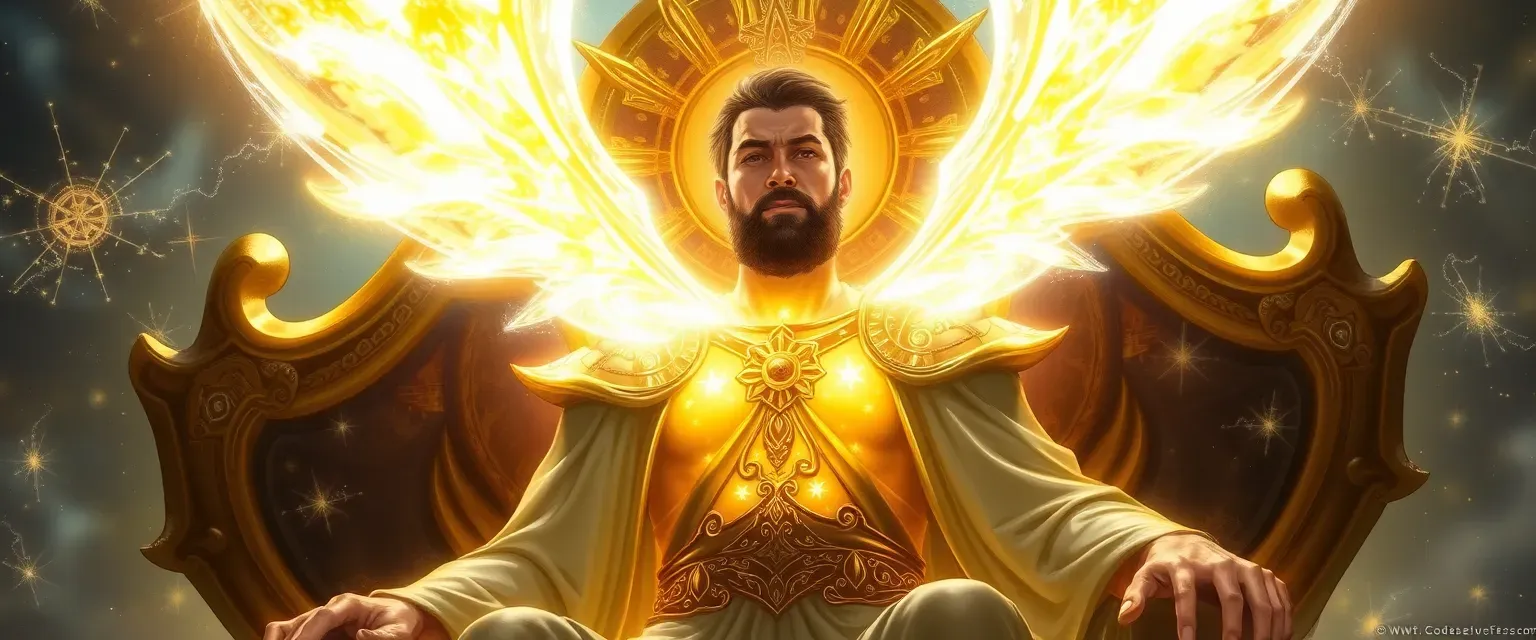 Radiant deity with short beard and hair, glowing body, golden throne, starlight robes.