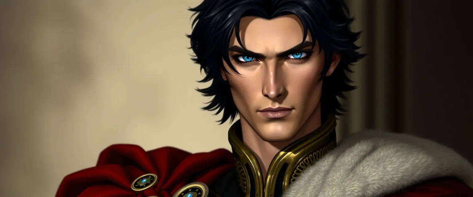 Tall, dark-haired prince with piercing blue eyes, wearing royal attire with insignia.